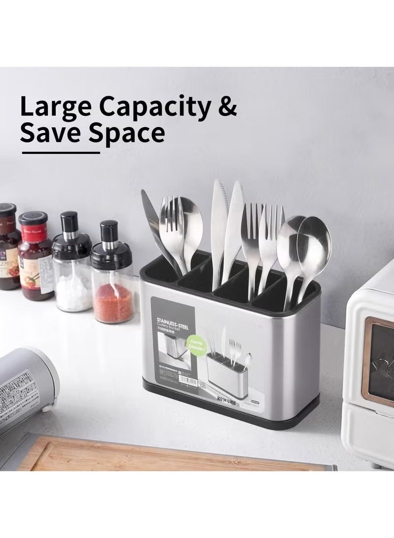 ترينفي حامل أدوات طهي كبير من الفولاذ المقاوم للصدأ بأربعة أقسام، مقاوم للصدأ، مزود بقاعدة مانعة للانزلاق ومصفاة، منظم أدوات مائدة للملاعق والشوك وعيدان الطعام والسكاكين، سلة تخزين للمطبخ - Image 4